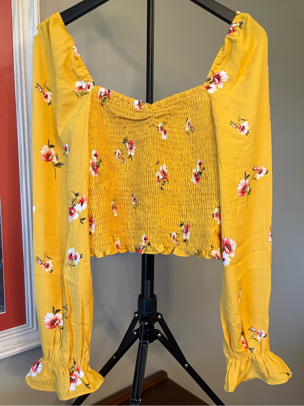 NWT Lumiere Size Medium Yellow Floral Smocked Long-Sleeve Crop Top